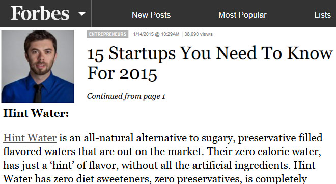 hint water in forbes 15 startups you need to know
